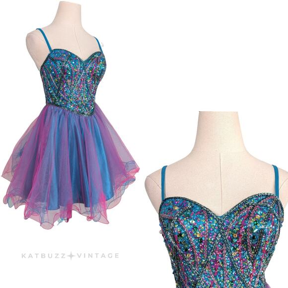 Y2K Strapless Mini Dress Cocktail Gown 0 Blue Pink Bead Sequin Glam Flare Tulle - Picture 1 of 13